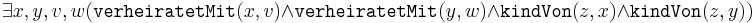 
\exists x,y,v,w (\texttt{verheiratetMit}(x,v) \wedge \texttt{verheiratetMit}(y,w) \wedge \texttt{kindVon}(z,x) \wedge \texttt{kindVon}(z,y)) 
